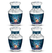 Vivid Blue Butterfly Cremation Urn back view with polished surface - artistic butterfly interpretation with creative detail - 10 inch aluminum urn for cremated remains