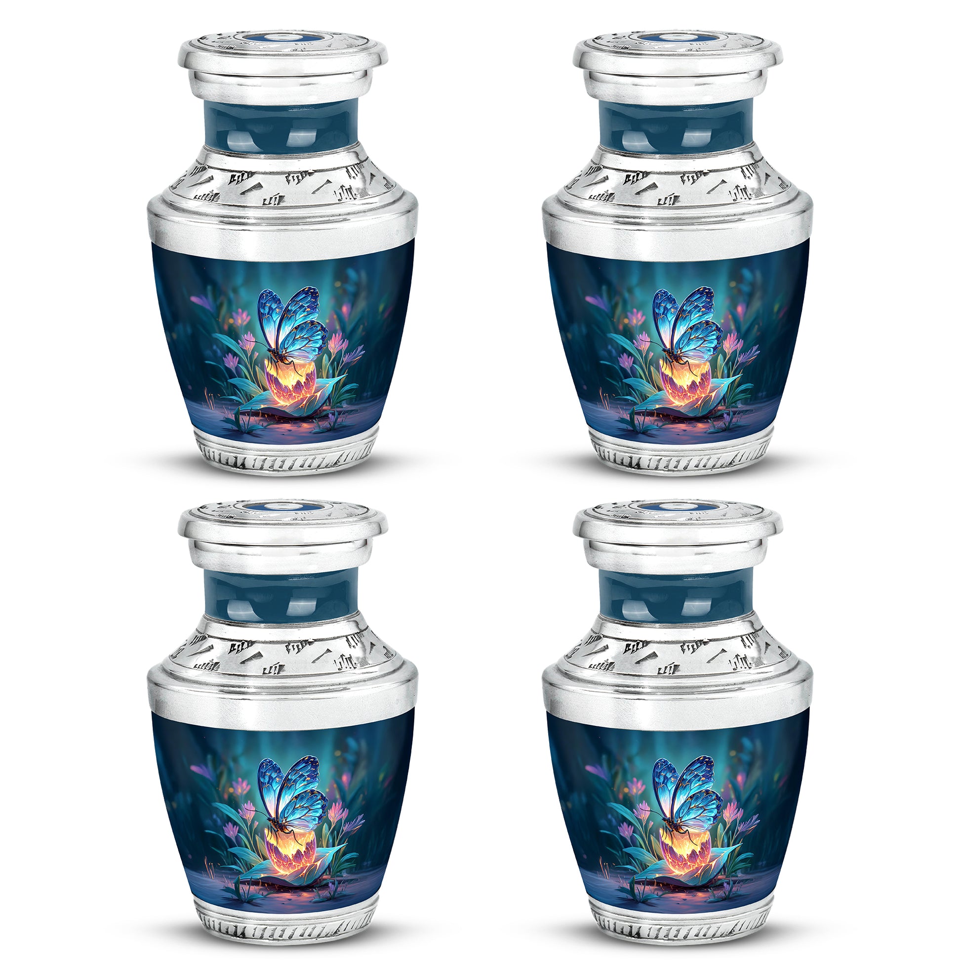 Vivid Blue Butterfly Cremation Urn back view with polished surface - artistic butterfly interpretation with creative detail - 10 inch aluminum urn for cremated remains