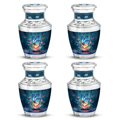 Vivid Blue Butterfly Cremation Urn back view with polished surface - artistic butterfly interpretation with creative detail - 10 inch aluminum urn for cremated remains