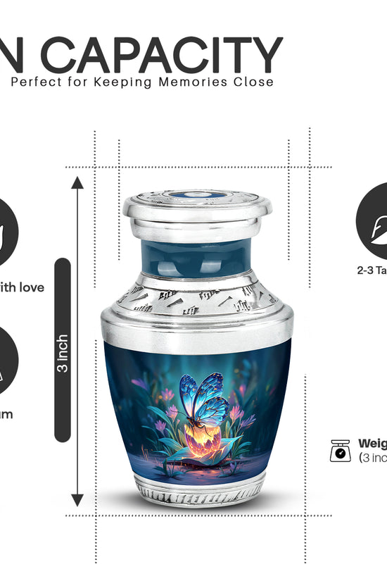 Steel Blue Butterfly Cremation Urn top-down view of secure threaded lid - stylized abstract butterfly pattern with bold lines - mini keepsake memorial for portion of cremation ashes