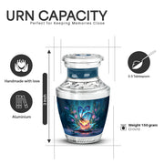 Steel Blue Butterfly Cremation Urn top-down view of secure threaded lid - stylized abstract butterfly pattern with bold lines - mini keepsake memorial for portion of cremation ashes