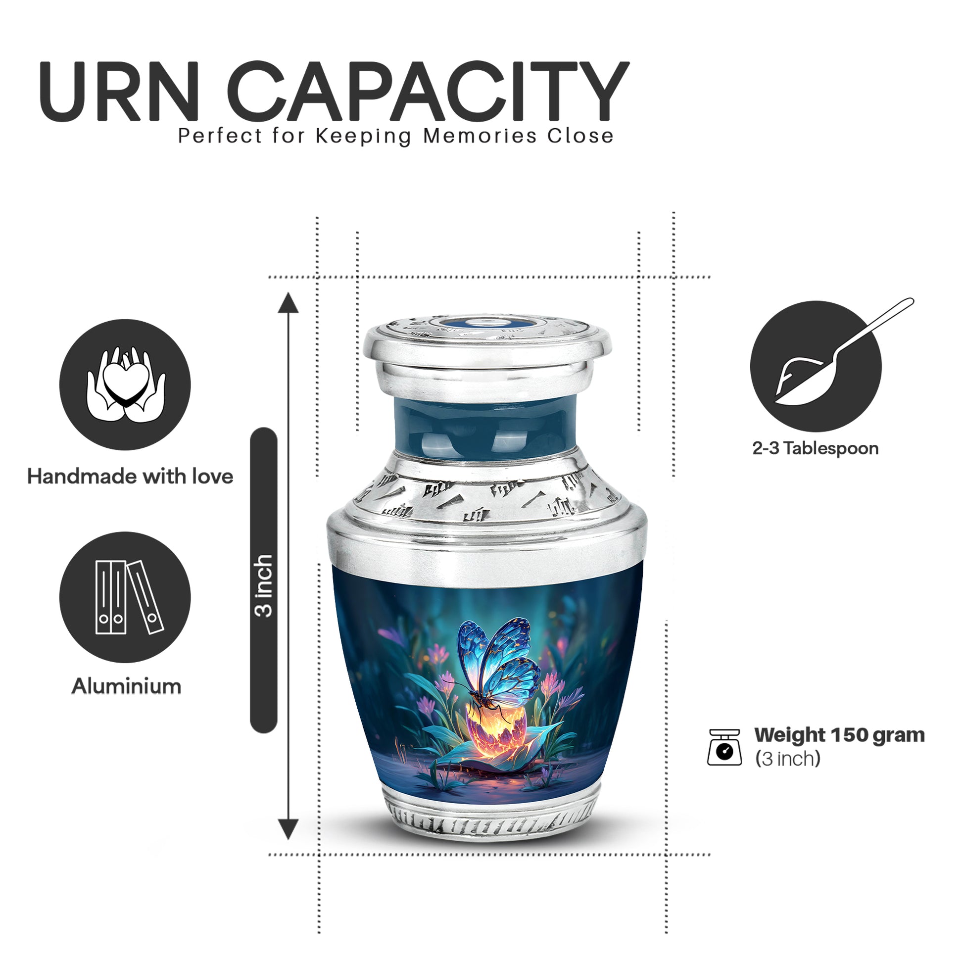 Steel Blue Butterfly Cremation Urn top-down view of secure threaded lid - stylized abstract butterfly pattern with bold lines - mini keepsake memorial for portion of cremation ashes