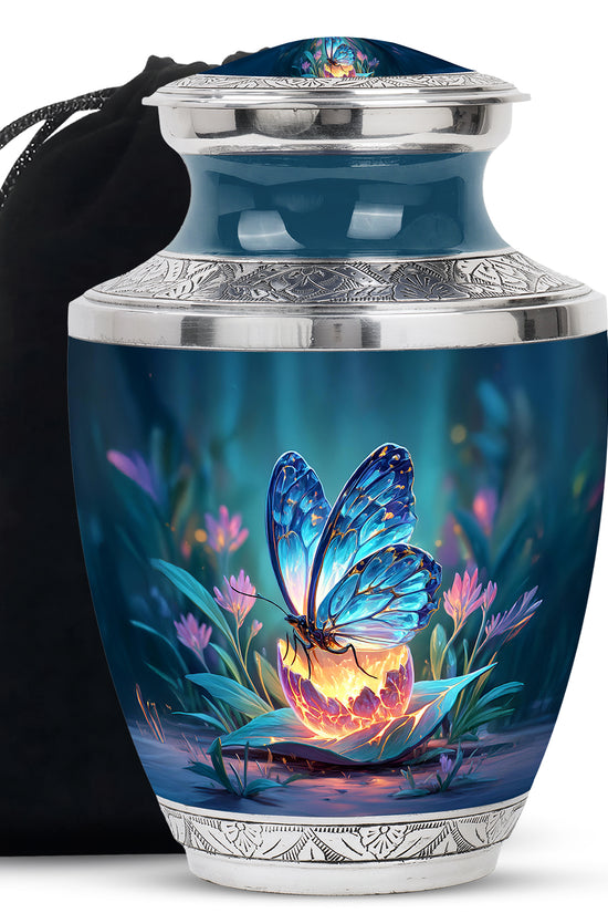 Vivid Blue Butterfly Cremation Urn side profile showing urn shape - artistic butterfly interpretation with creative detail - full-size 10 inch 200 cubic inch adult cremation urn