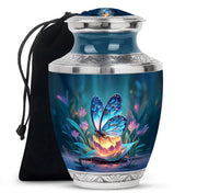Vivid Blue Butterfly Cremation Urn side profile showing urn shape - artistic butterfly interpretation with creative detail - full-size 10 inch 200 cubic inch adult cremation urn