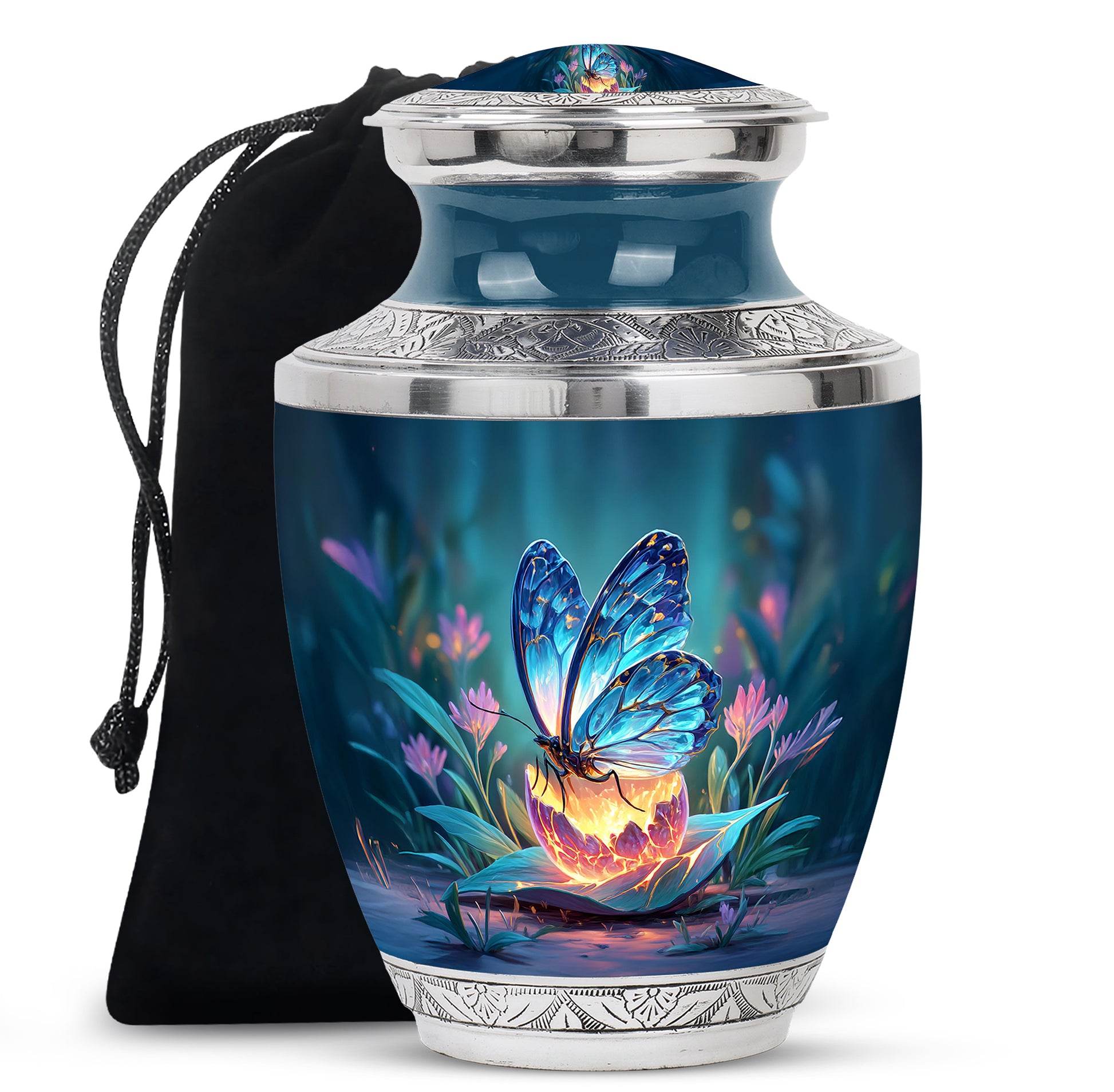 Vivid Blue Butterfly Cremation Urn side profile showing urn shape - artistic butterfly interpretation with creative detail - full-size 10 inch 200 cubic inch adult cremation urn