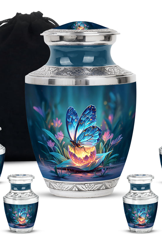 Celestial Blue Butterfly Cremation Urn lifestyle display on memorial shelf - contemporary butterfly design with modern artistic flair - memorial set with one large and four small urns