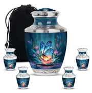 Celestial Blue Butterfly Cremation Urn lifestyle display on memorial shelf - contemporary butterfly design with modern artistic flair - memorial set with one large and four small urns