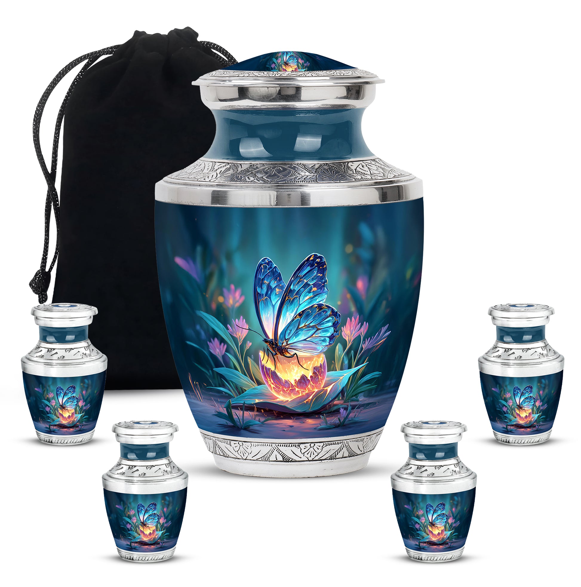 Celestial Blue Butterfly Cremation Urn lifestyle display on memorial shelf - contemporary butterfly design with modern artistic flair - memorial set with one large and four small urns