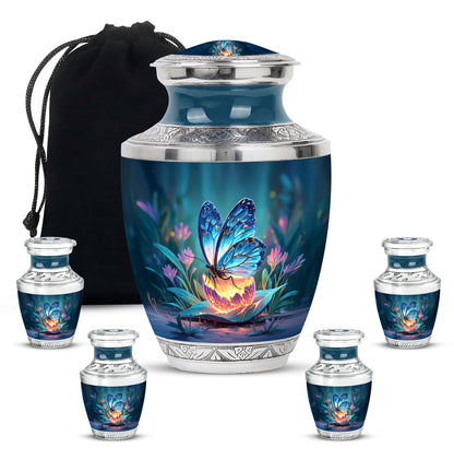 Celestial Blue Butterfly Cremation Urn lifestyle display on memorial shelf - contemporary butterfly design with modern artistic flair - memorial set with one large and four small urns