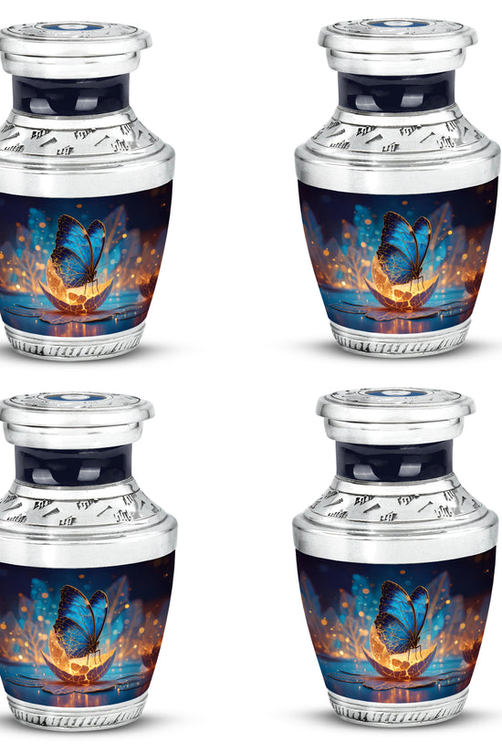 Cornflower Blue Butterfly Cremation Urn back view with polished surface - artistic butterfly interpretation with creative detail - 10 inch aluminum urn for cremated remains