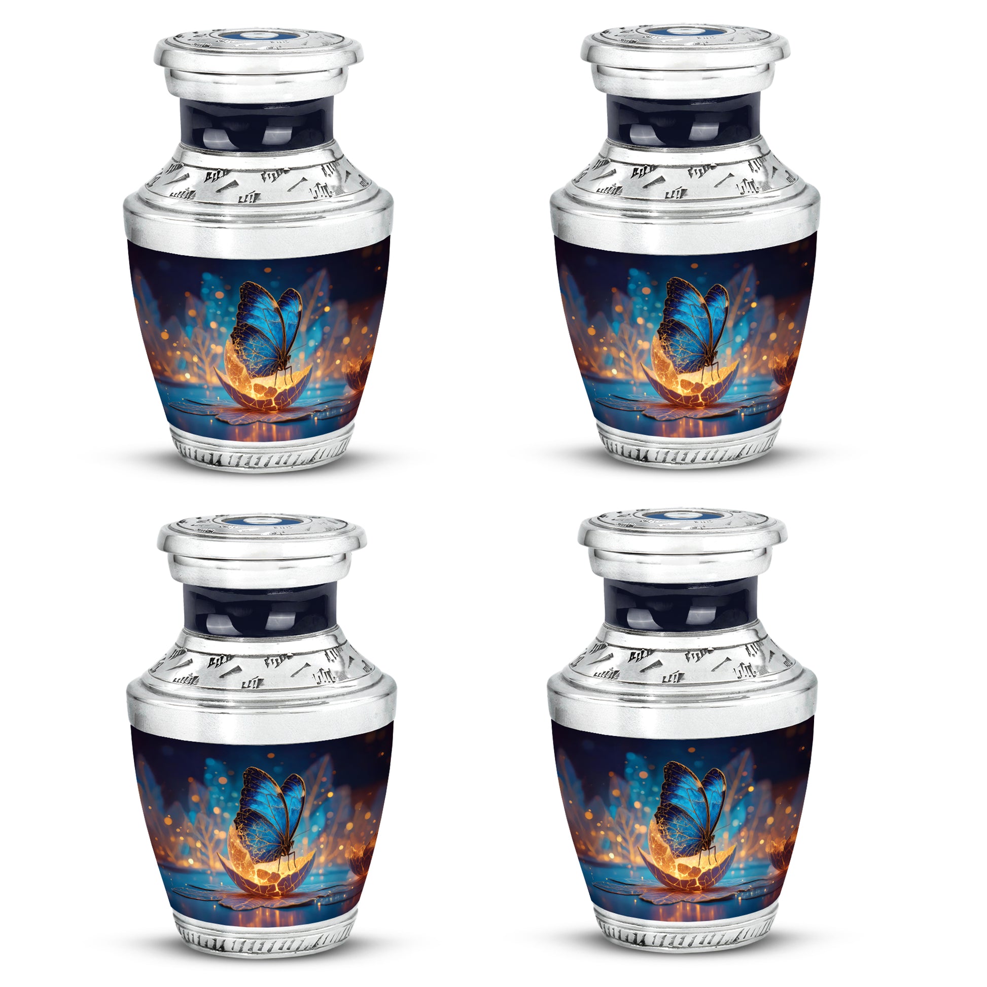 Cornflower Blue Butterfly Cremation Urn back view with polished surface - artistic butterfly interpretation with creative detail - 10 inch aluminum urn for cremated remains