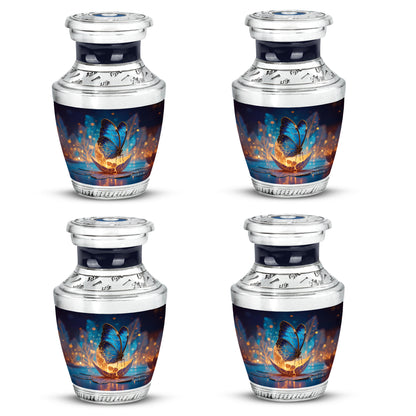 Cornflower Blue Butterfly Cremation Urn back view with polished surface - artistic butterfly interpretation with creative detail - 10 inch aluminum urn for cremated remains