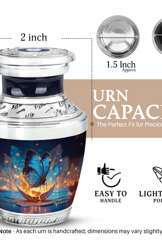Royal Blue Butterfly Cremation Urn top-down view of secure threaded lid - artistic butterfly interpretation with creative detail - mini keepsake memorial for portion of cremation ashes