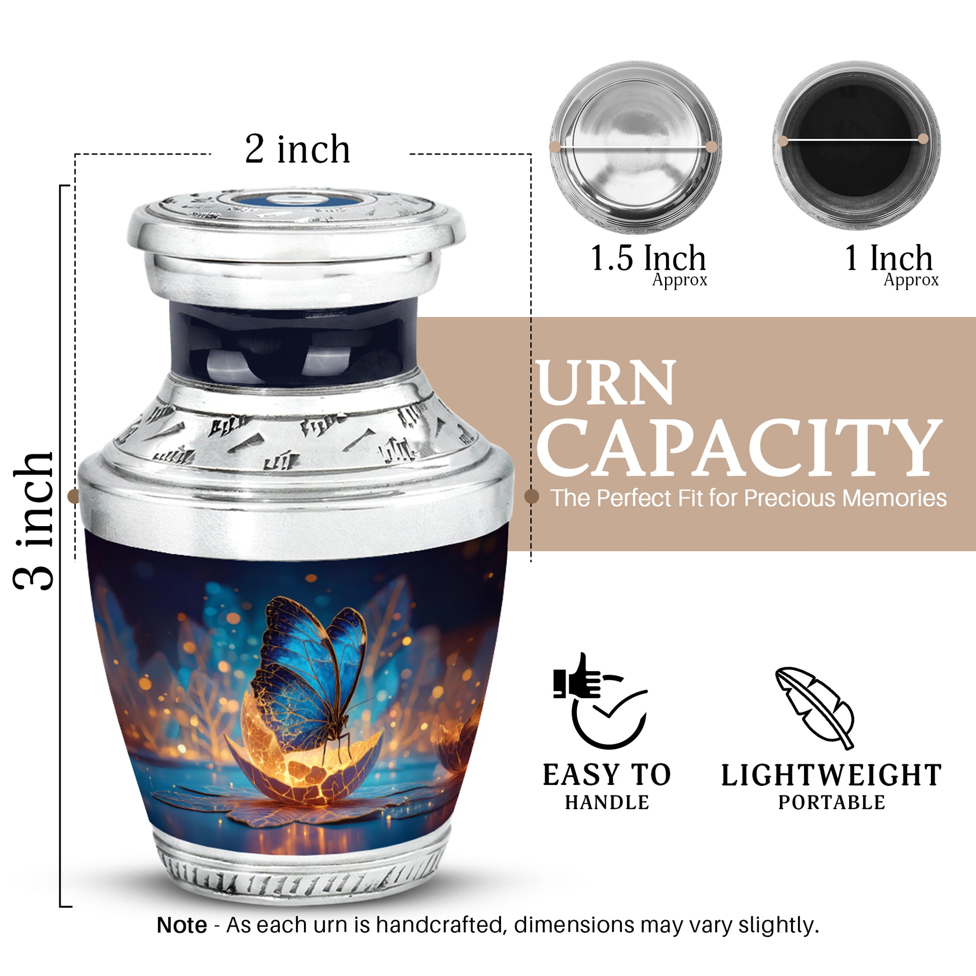 Royal Blue Butterfly Cremation Urn top-down view of secure threaded lid - artistic butterfly interpretation with creative detail - mini keepsake memorial for portion of cremation ashes