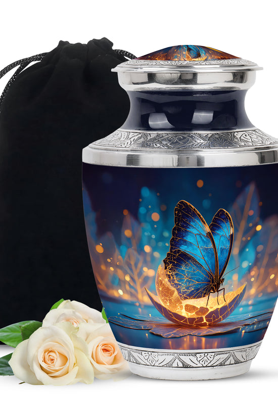 Slate Blue Butterfly Cremation Urn side profile showing urn shape - contemporary butterfly design with modern artistic flair - full-size 10 inch 200 cubic inch adult cremation urn