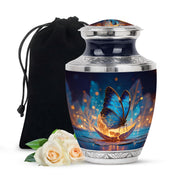 Slate Blue Butterfly Cremation Urn side profile showing urn shape - contemporary butterfly design with modern artistic flair - full-size 10 inch 200 cubic inch adult cremation urn