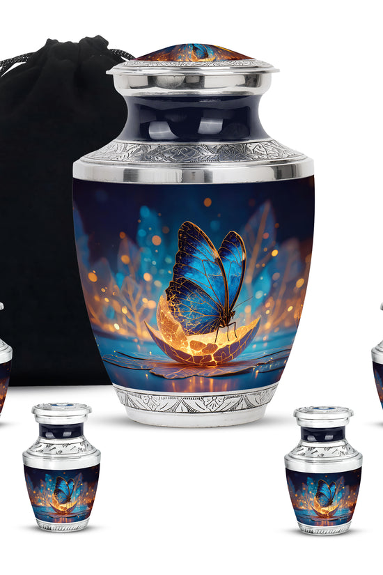 Dusty Blue Butterfly Cremation Urn lifestyle display on memorial shelf - contemporary butterfly design with modern artistic flair - memorial set with one large and four small urns