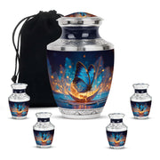 Dusty Blue Butterfly Cremation Urn lifestyle display on memorial shelf - contemporary butterfly design with modern artistic flair - memorial set with one large and four small urns