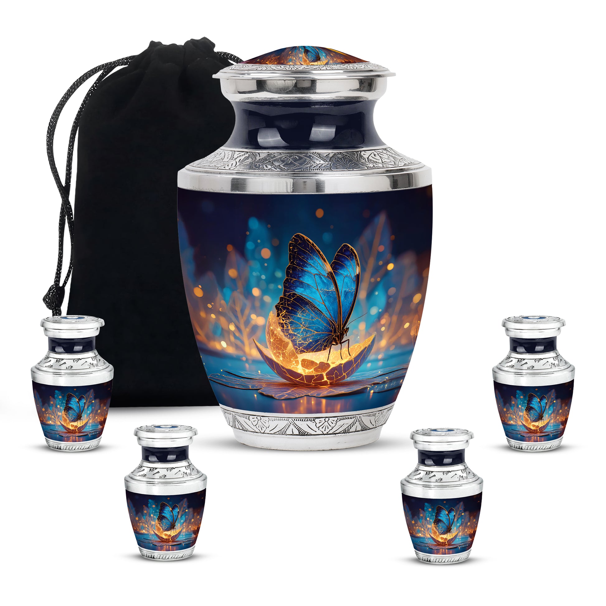 Dusty Blue Butterfly Cremation Urn lifestyle display on memorial shelf - contemporary butterfly design with modern artistic flair - memorial set with one large and four small urns