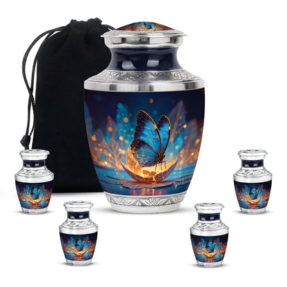 Dusty Blue Butterfly Cremation Urn lifestyle display on memorial shelf - contemporary butterfly design with modern artistic flair - memorial set with one large and four small urns