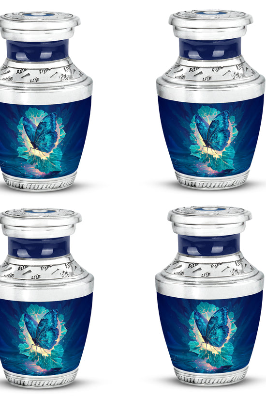 Bright Blue Butterfly Cremation Urn back view with polished surface - stylized abstract butterfly pattern with bold lines - 10 inch aluminum urn for cremated remains