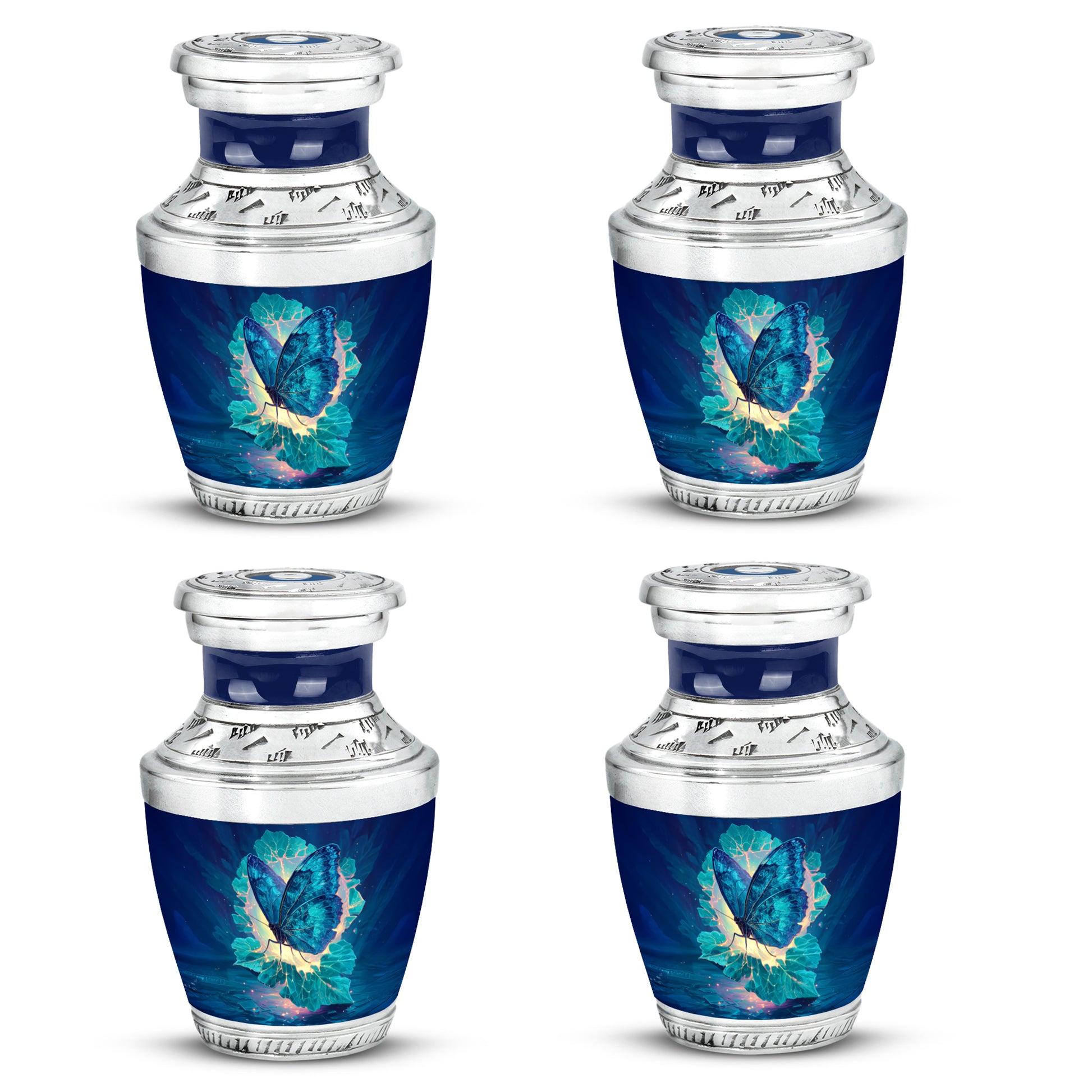 Bright Blue Butterfly Cremation Urn back view with polished surface - stylized abstract butterfly pattern with bold lines - 10 inch aluminum urn for cremated remains