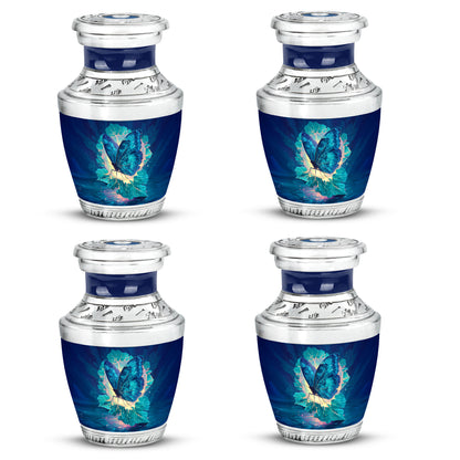 Bright Blue Butterfly Cremation Urn back view with polished surface - stylized abstract butterfly pattern with bold lines - 10 inch aluminum urn for cremated remains