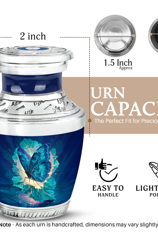 Cobalt Blue Butterfly Cremation Urn top-down view of secure threaded lid - stylized abstract butterfly pattern with bold lines - mini keepsake memorial for portion of cremation ashes