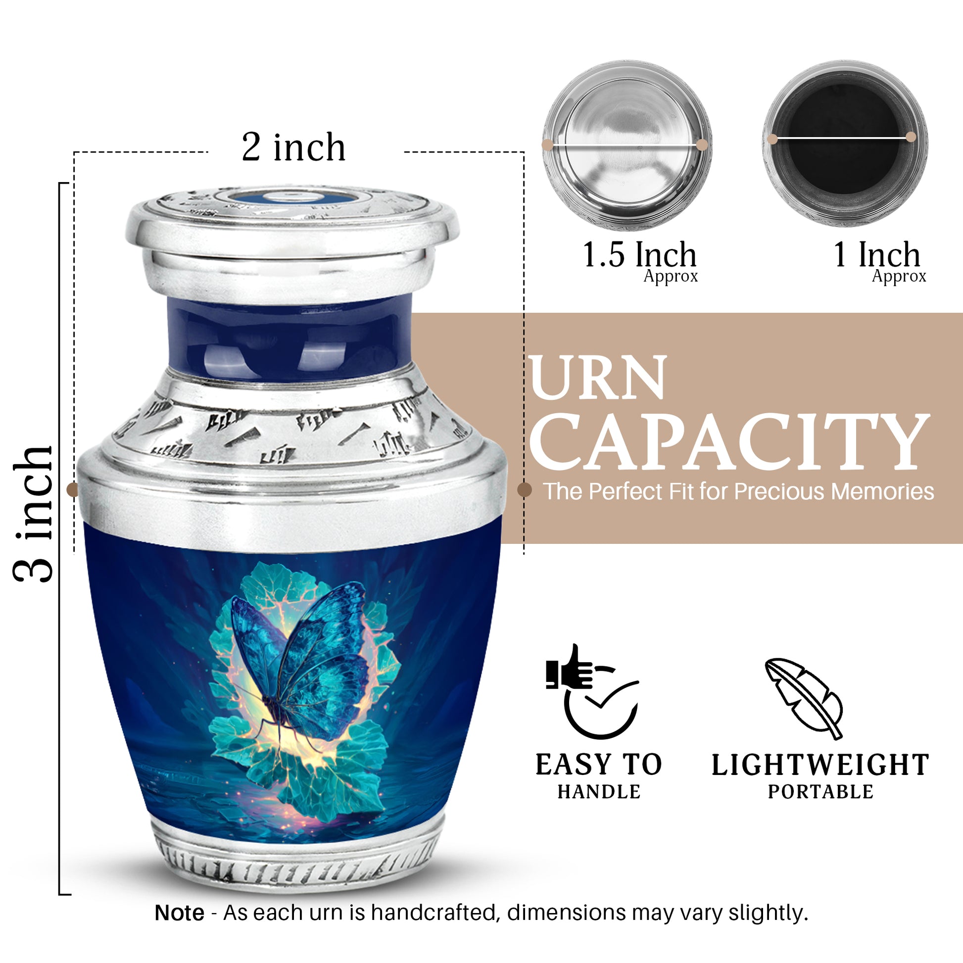 Cobalt Blue Butterfly Cremation Urn top-down view of secure threaded lid - stylized abstract butterfly pattern with bold lines - mini keepsake memorial for portion of cremation ashes