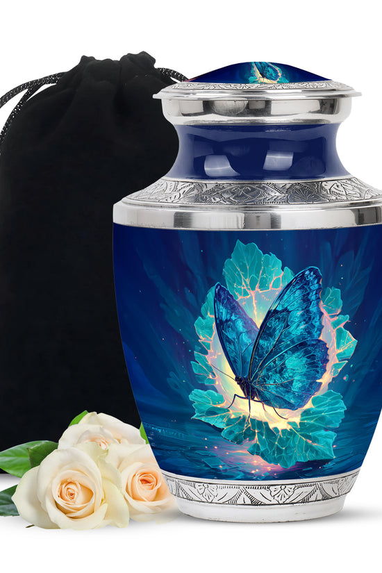 Azure Butterfly Cremation Urn side profile showing urn shape - modern art-inspired butterfly motif on sleek aluminum - full-size 10 inch 200 cubic inch adult cremation urn