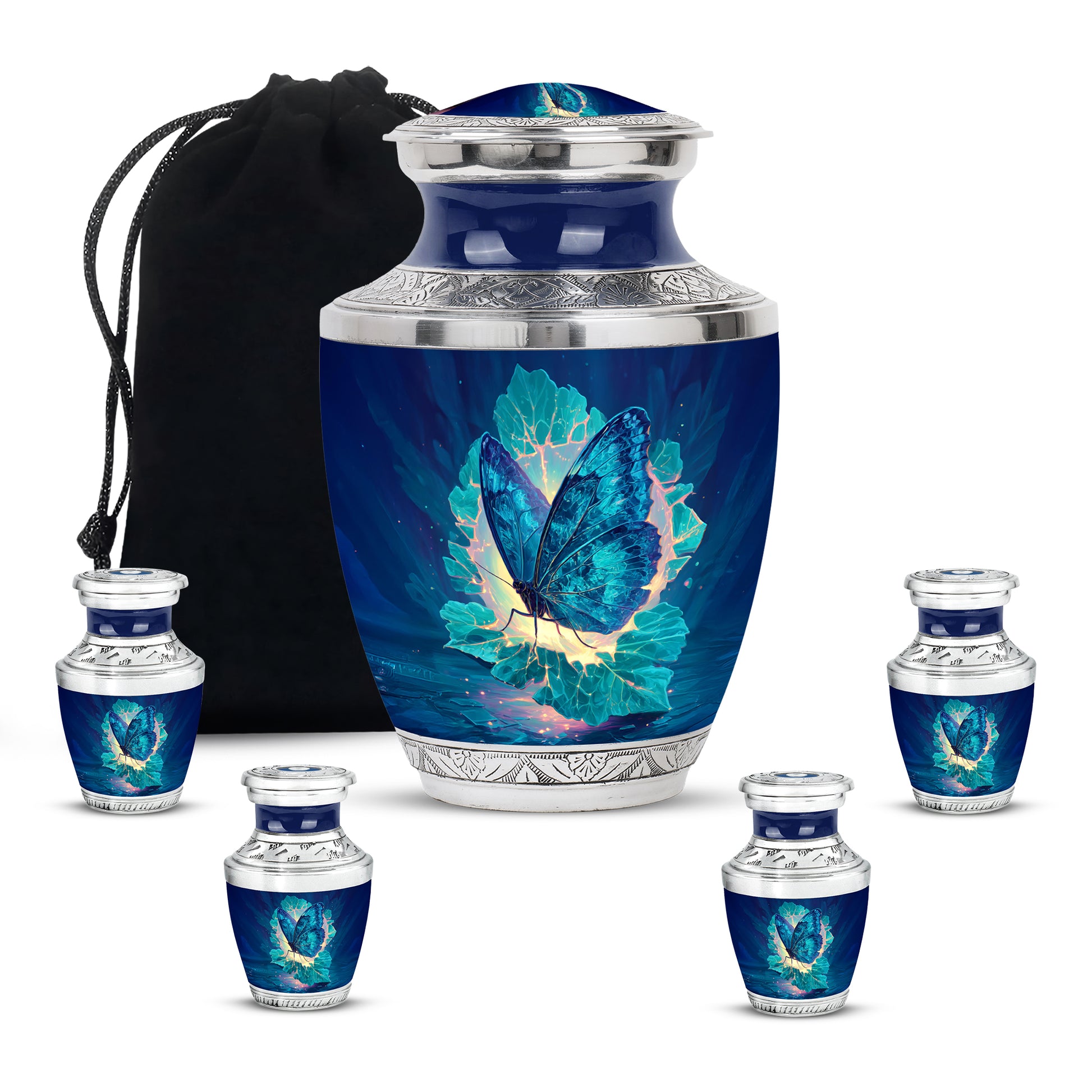 Dusty Blue Butterfly Cremation Urn lifestyle display on memorial shelf - modern art-inspired butterfly motif on sleek aluminum - memorial set with one large and four small urns