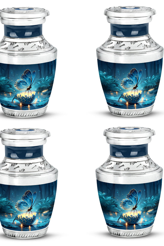 Twilight Blue Butterfly Cremation Urn back view with polished surface - stylized abstract butterfly pattern with bold lines - 10 inch aluminum urn for cremated remains