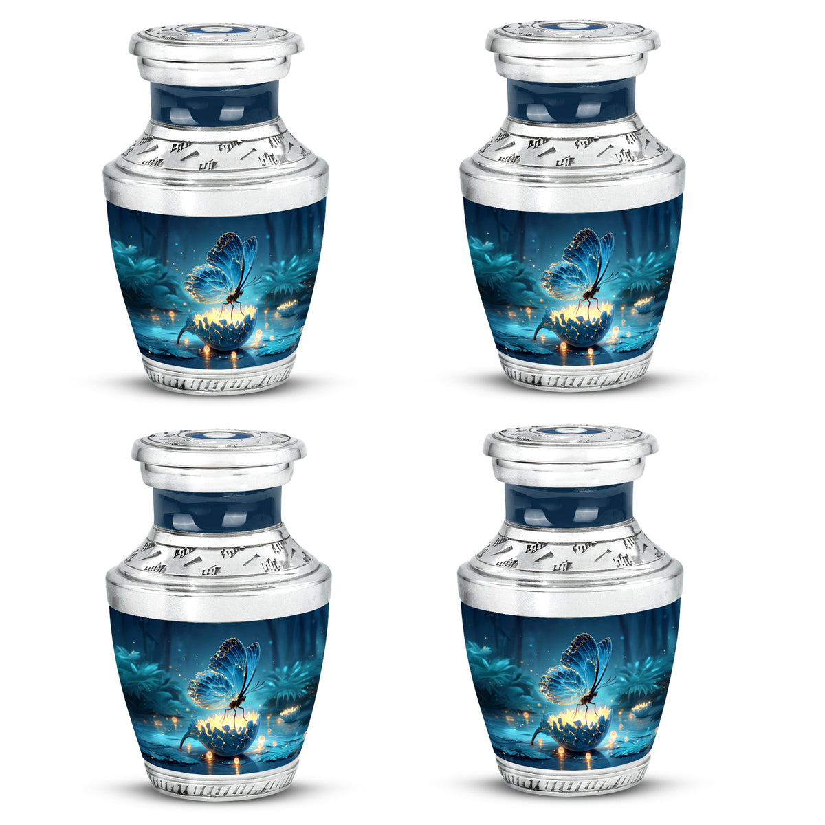 Twilight Blue Butterfly Cremation Urn back view with polished surface - stylized abstract butterfly pattern with bold lines - 10 inch aluminum urn for cremated remains