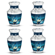 Twilight Blue Butterfly Cremation Urn back view with polished surface - stylized abstract butterfly pattern with bold lines - 10 inch aluminum urn for cremated remains