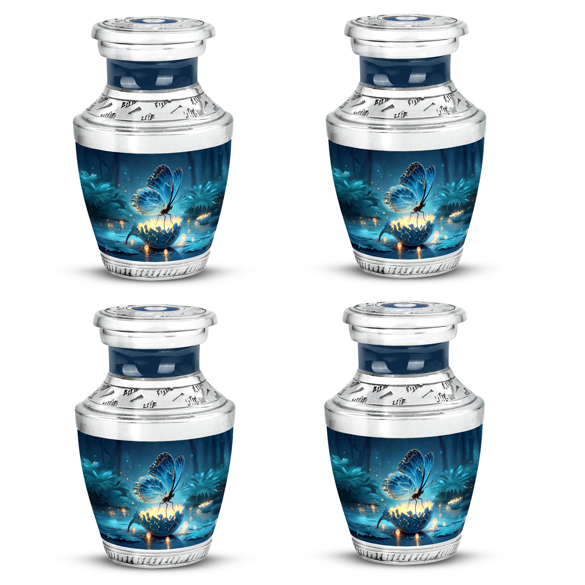 Twilight Blue Butterfly Cremation Urn back view with polished surface - stylized abstract butterfly pattern with bold lines - 10 inch aluminum urn for cremated remains