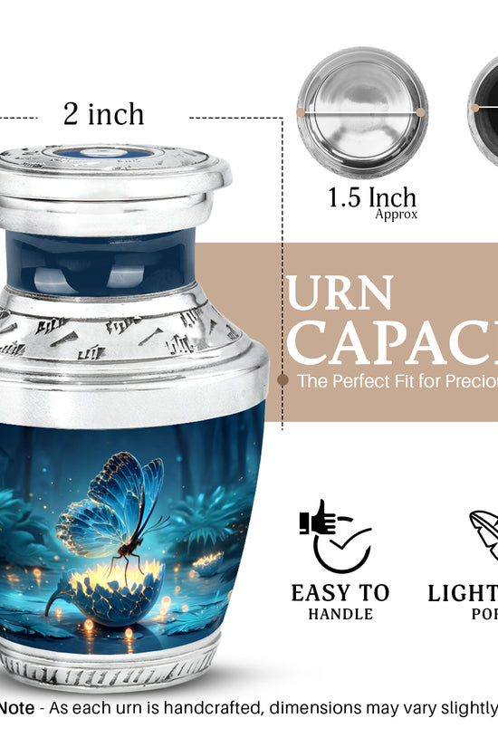 Vivid Blue Butterfly Cremation Urn top-down view of secure threaded lid - artistic butterfly interpretation with creative detail - mini keepsake memorial for portion of cremation ashes