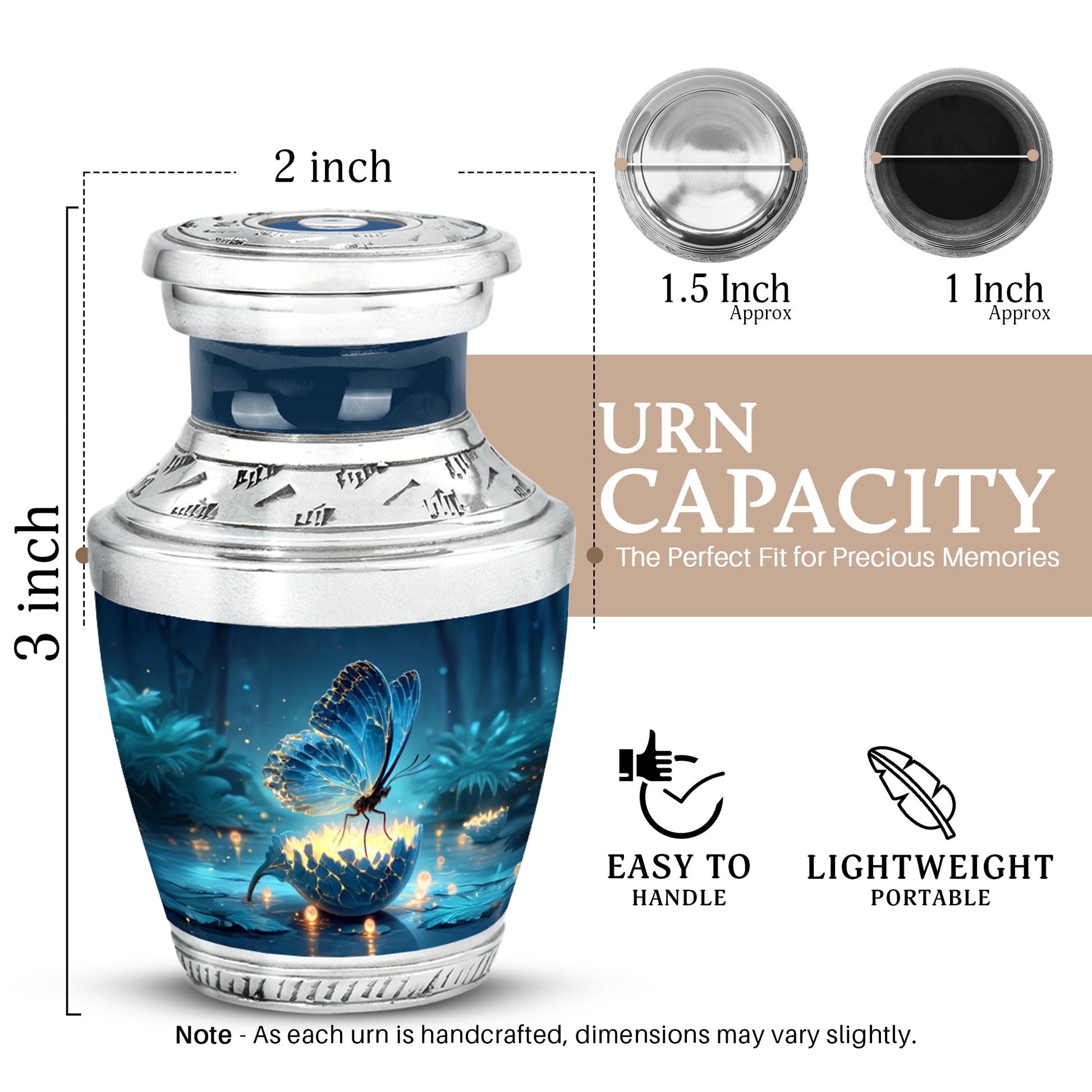 Vivid Blue Butterfly Cremation Urn top-down view of secure threaded lid - artistic butterfly interpretation with creative detail - mini keepsake memorial for portion of cremation ashes