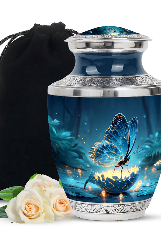 Powder Blue Butterfly Cremation Urn side profile showing urn shape - contemporary butterfly design with modern artistic flair - full-size 10 inch 200 cubic inch adult cremation urn