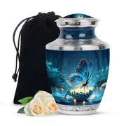 Powder Blue Butterfly Cremation Urn side profile showing urn shape - contemporary butterfly design with modern artistic flair - full-size 10 inch 200 cubic inch adult cremation urn