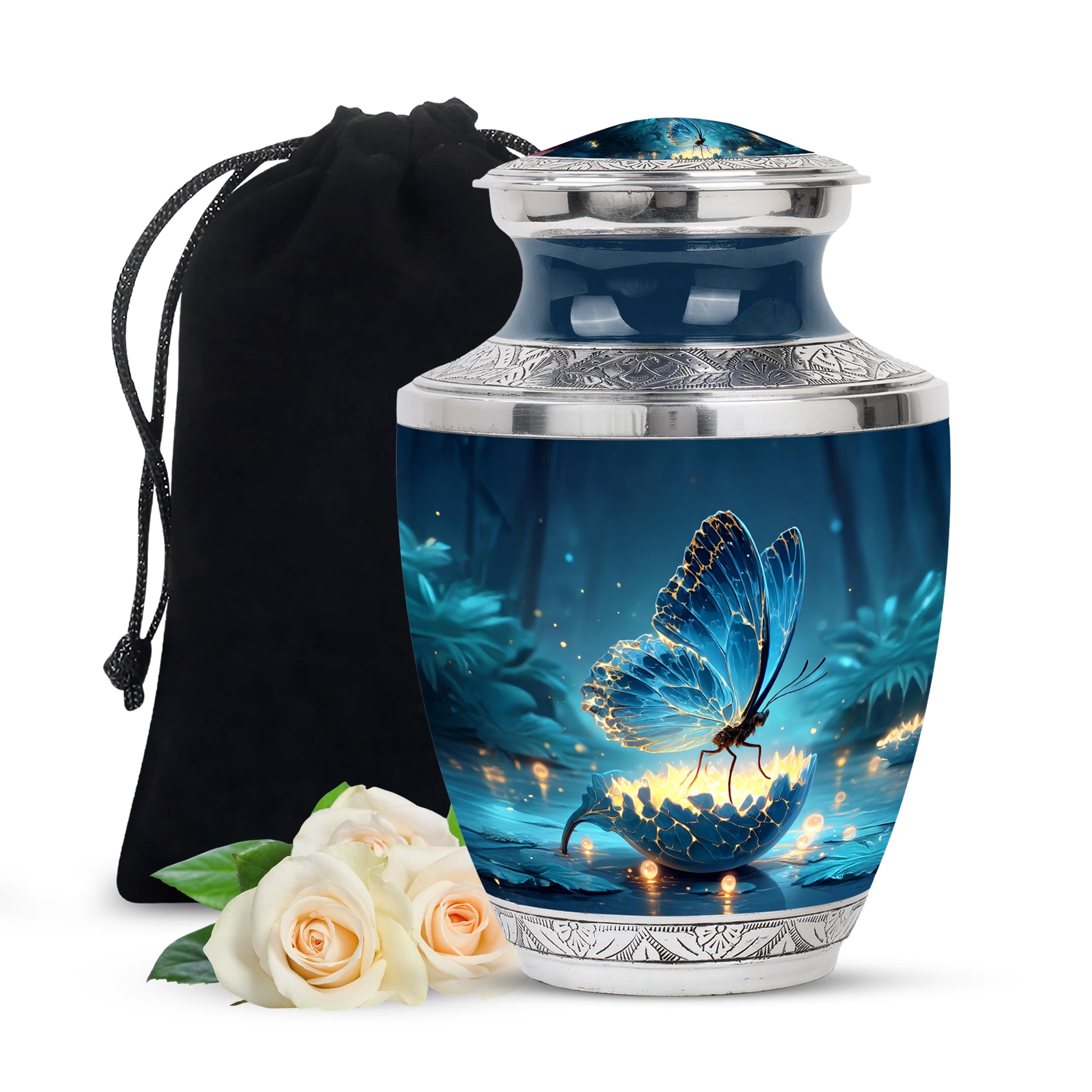 Powder Blue Butterfly Cremation Urn side profile showing urn shape - contemporary butterfly design with modern artistic flair - full-size 10 inch 200 cubic inch adult cremation urn