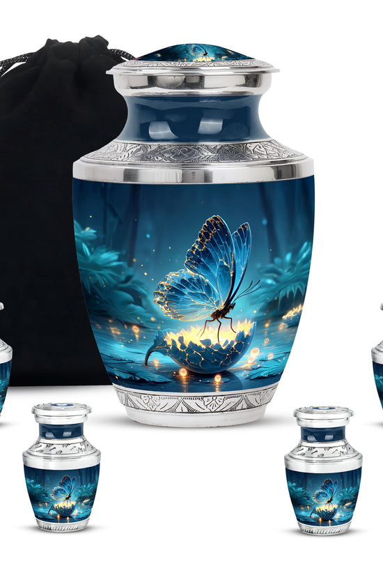 Dusty Blue Butterfly Cremation Urn lifestyle display on memorial shelf - modern art-inspired butterfly motif on sleek aluminum - memorial set with one large and four small urns