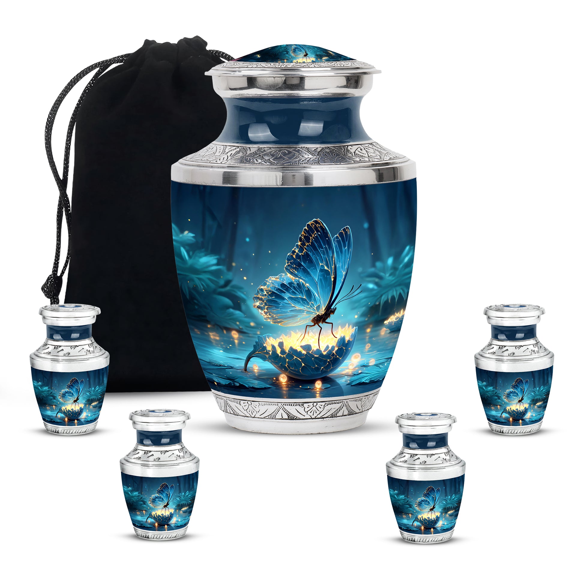 Dusty Blue Butterfly Cremation Urn lifestyle display on memorial shelf - modern art-inspired butterfly motif on sleek aluminum - memorial set with one large and four small urns