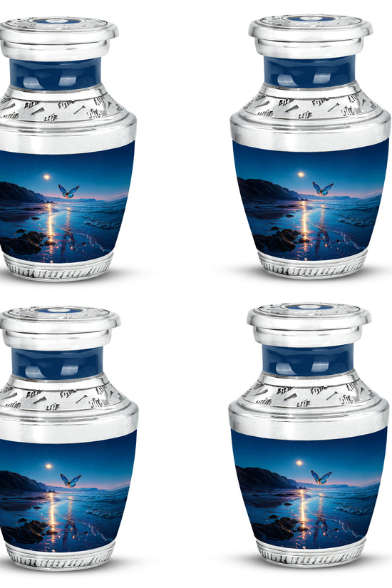 Powder Blue Butterfly Cremation Urn back view with polished surface - modern art-inspired butterfly motif on sleek aluminum - 10 inch aluminum urn for cremated remains