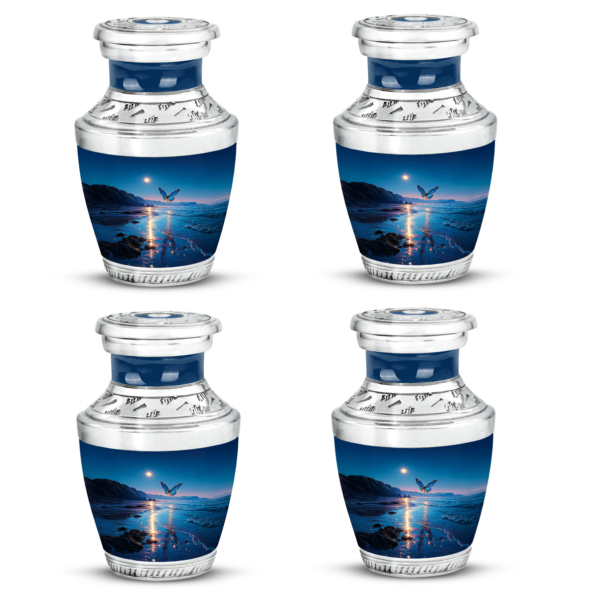 Powder Blue Butterfly Cremation Urn back view with polished surface - modern art-inspired butterfly motif on sleek aluminum - 10 inch aluminum urn for cremated remains