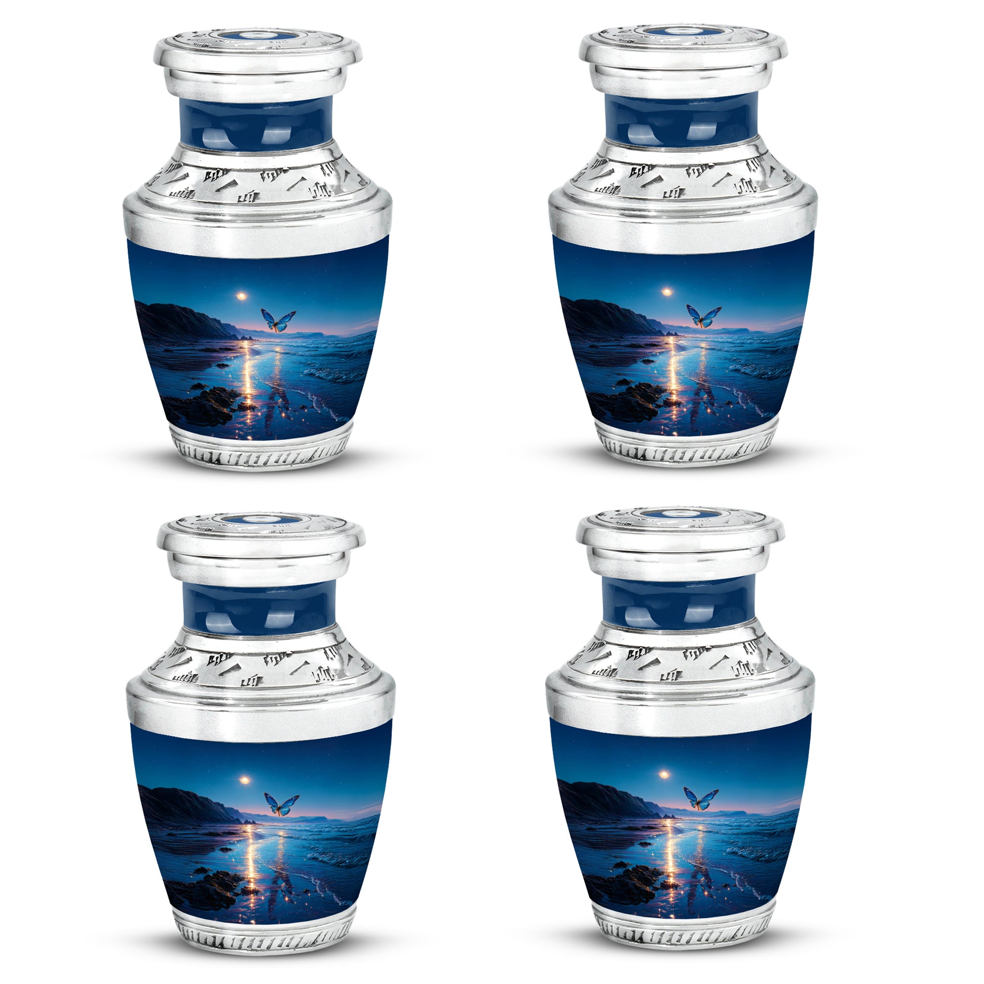 Powder Blue Butterfly Cremation Urn back view with polished surface - modern art-inspired butterfly motif on sleek aluminum - 10 inch aluminum urn for cremated remains