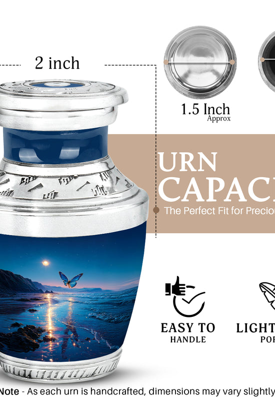 Pastel Blue Butterfly Cremation Urn top-down view of secure threaded lid - contemporary butterfly design with modern artistic flair - mini keepsake memorial for portion of cremation ashes