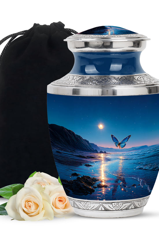 Twilight Blue Butterfly Cremation Urn side profile showing urn shape - stylized abstract butterfly pattern with bold lines - full-size 10 inch 200 cubic inch adult cremation urn