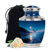 Twilight Blue Butterfly Cremation Urn side profile showing urn shape - stylized abstract butterfly pattern with bold lines - full-size 10 inch 200 cubic inch adult cremation urn