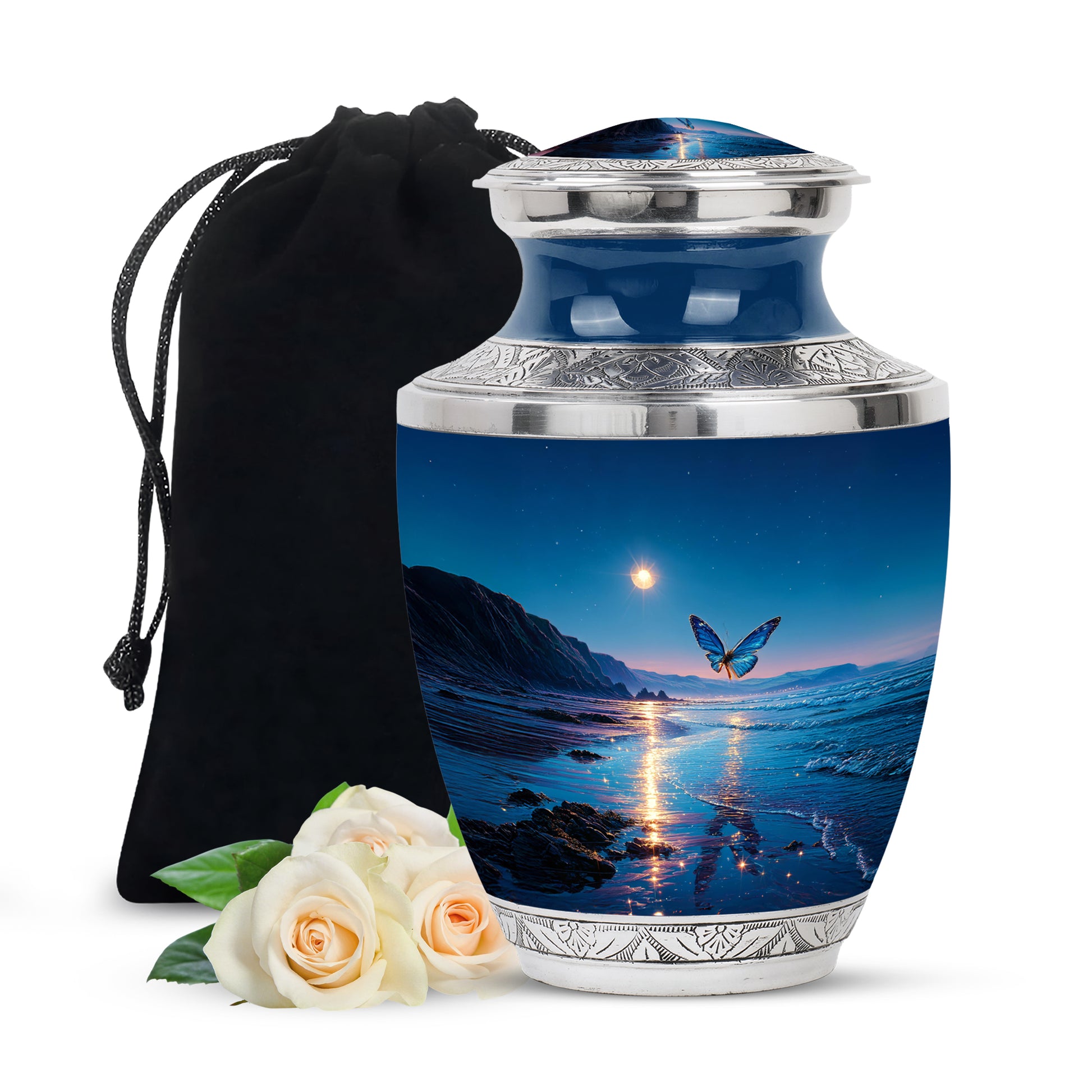 Twilight Blue Butterfly Cremation Urn side profile showing urn shape - stylized abstract butterfly pattern with bold lines - full-size 10 inch 200 cubic inch adult cremation urn