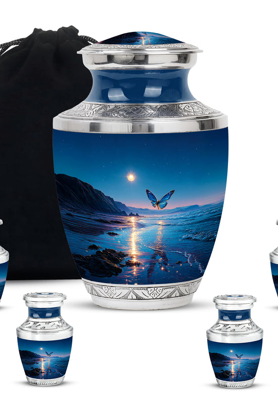 Slate Blue Butterfly Cremation Urn lifestyle display on memorial shelf - contemporary butterfly design with modern artistic flair - memorial set with one large and four small urns